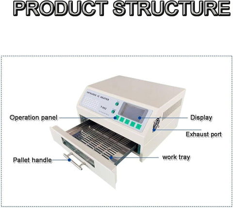 Pro Grade Reflow Oven For SMD SMT PCB Soldering, 800W Infrared Heater With Auto Soldering operation panel and tray