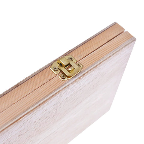 Wooden gauge block case with brass latch; light natural wood finish.
