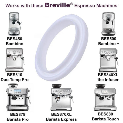 54mm Silicone Steam Ring Seal Replacement for Group Head Gasket displayed with compatible Breville Espresso Machines BES870XL BES880.