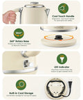1.8L Electric Kettle With Temperature Gauge, 1500W Fast Boil, 304 Stainless Steel Retro Style details including handle, base, LED, cord storage.