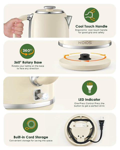 1.8L Electric Kettle With Temperature Gauge, 1500W Fast Boil, 304 Stainless Steel Retro Style details including handle, base, LED, cord storage.