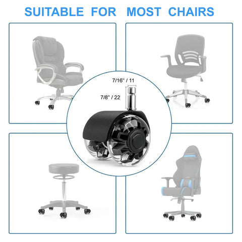 Dual Rubber Office Chair Wheels Two Inch Set Of Five Heavy Duty Casters Support Up To 2200 Pounds Quiet Rolling For Hardwood Floors And Carpets Universal Fit Seven Sixteenths By Seven Eighths Inch Black