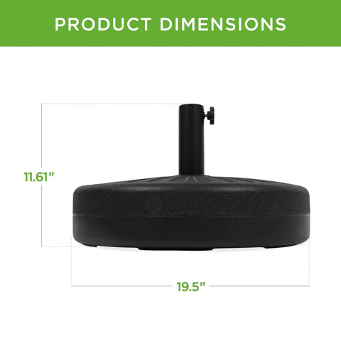 Fillable Round Sunburst Umbrella Base Stand With 55 Pound Weight Capacity, Plastic Patio Pole Holder dimensions shown