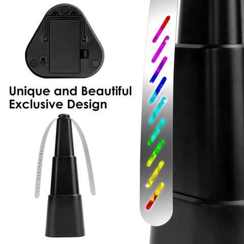 Close-up of black Four Pack Portable Fly Fans For Tables Indoors Outdoors Battery Powered Tabletop Fans for Picnics Dinners with rainbow design