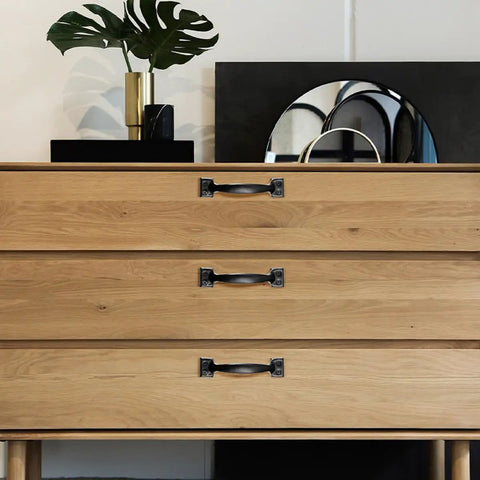 Vintage Black Metal Cabinet Pulls 6 Inch Drawer Knobs For Kitchen Cabinet Doors Hardware on wooden dresser.