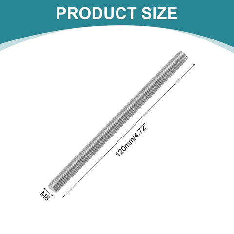 4 Pack M8 x 120mm Fully Threaded Rods In Stainless Steel With Right Hand Threads Includes 8 Nuts And 8 Flat Washers Great For Clamps Hangers And U Bolts Durable 201 Stainless Hardware Kit, size diagram