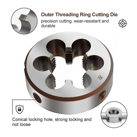 Super Heavy Duty Left Hand Machine Tap And Die Set For Automotive Tie Rods Gas Fittings With Metric Sizes M3 To M20 HSS Steel Tool Kit For Quick Fixes On Rotating Machinery Components, outer threading ring die