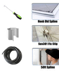 6 In 1 Window Screen Repair Kit With Black Mesh 48x118 Two Bearing Rollers 50 Ft Spline 8 Clips Hook components displayed.
