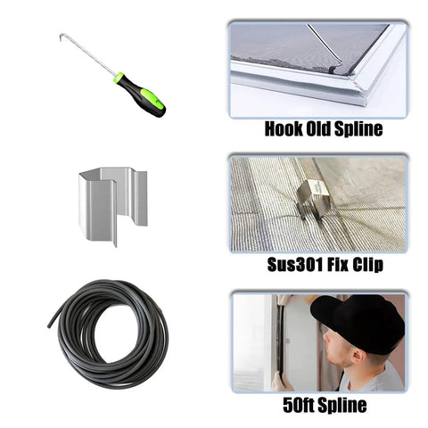 6 In 1 Window Screen Repair Kit With Black Mesh 48x118 Two Bearing Rollers 50 Ft Spline 8 Clips Hook components displayed.