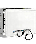 Premium In Wall TV Media Box For Slick Cable Concealment And Hidden Outlet Storage with cables visible and mounted design.