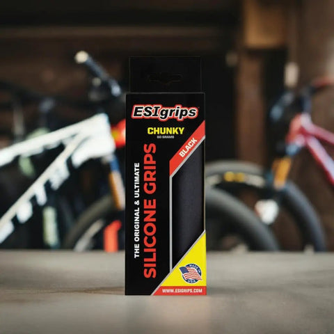 Packaging of Chunky Silicone MTB Grips for maximum comfort and grippy control on mountain biking and e-bike rides in black.