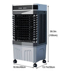 Top Tier Portable Evaporative Air Cooler And Sweet Swamp Cooling Setup With Remote Control, 39.3 in tall, casters for mobility.