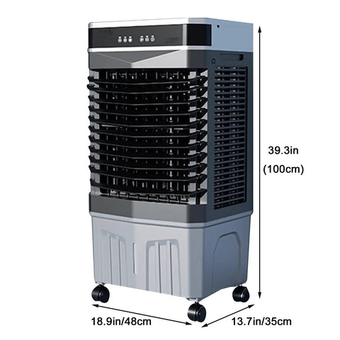 Top Tier Portable Evaporative Air Cooler And Sweet Swamp Cooling Setup With Remote Control, 39.3 in tall, casters for mobility.