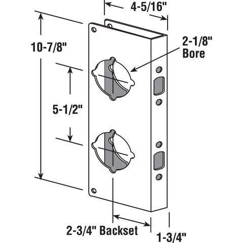 Diagram of Stainless Steel Door Lock Reinforcement Plate for 1 3 4 Inch Doors, showing dimensions and non recessed design