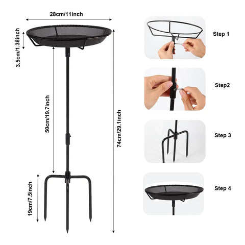 Sturdy Standing Bird Feeder Bowl On A 29.1 Inch Iron Stand assembly steps and dimensions diagram for outdoor decor.