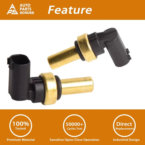 Engine coolant temperature sensor pair with brass probes and black plastic connectors (angled view)