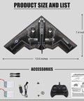B-2 Spirit Stealth Bomber RC Airplane Ready To Fly 2.4GHz 2CH Foam Drone accessories and dimensions displayed