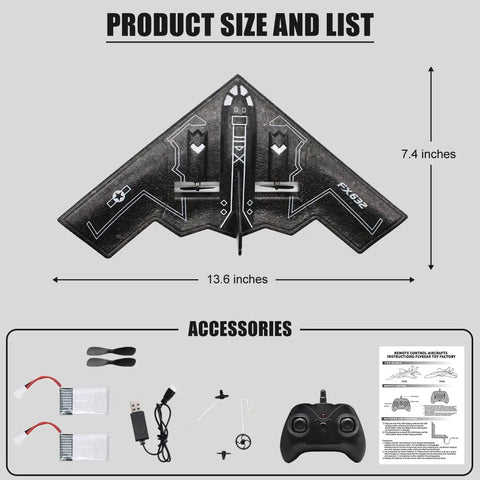 B-2 Spirit Stealth Bomber RC Airplane Ready To Fly 2.4GHz 2CH Foam Drone accessories and dimensions displayed