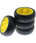 Four Pack 68mm TT Motor Hub Replacement DIY Kit For Smart Robots And RC Cars Rubber Tires; yellow hubs, black treads, stack of four.