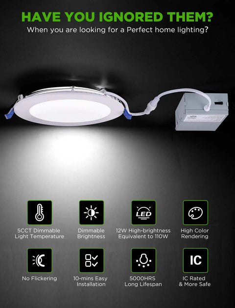 5CCT LED Recessed Canless Ceiling Light Kit 6 Inch Ultra Thin Dimmable 12W 110W Equivalent 1050 Lumen With Junction Box