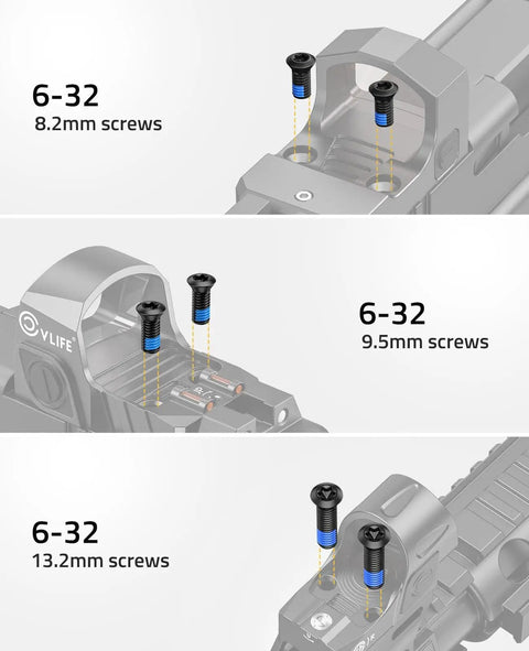 Assorted Red Dot Sight And Optics Mount Screws Pack 45 Pieces In 15 Sets Imperial And Metric Threads, shown installed on firearm.