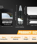 Ultimate Windshield Repair Kit For Chips And Cracks 2025 Upgrade With Nano Fluid Filler Star Shaped Crack Fix shown with kit components and sizes