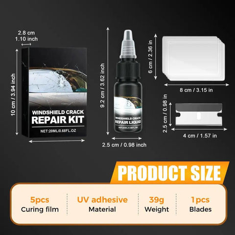 Ultimate Windshield Repair Kit For Chips And Cracks 2025 Upgrade With Nano Fluid Filler Star Shaped Crack Fix shown with kit components and sizes