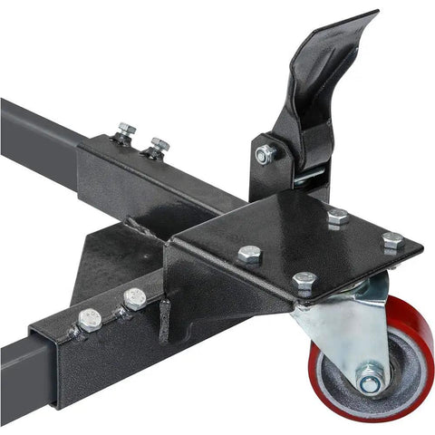 Beefy Heavy Duty Industrial Mobile Base adjustable size close-up with rubber swivel caster and fixed caster visible