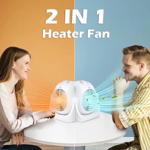 Two people using a 2 In 1 Heater And Fan Combo Portable Desk And Floor Heater With 45 Degree Tilt Air Circulator For Cool Air Two Heat And Two Fan Speeds 1500W Overheat Protection White For Home Office.