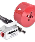 Bi Metal Hole Saw Set M42 HSS Ten Diameters 75mm Through 120mm, red cutter, drill guide, and box packaging