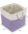 Chunky Foldable Linen Fabric Storage Basket With Tough Cotton Rope Handles, 33cm square collapsible basket in purple and beige.