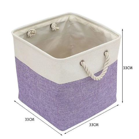 Chunky Foldable Linen Fabric Storage Basket With Tough Cotton Rope Handles, 33cm square collapsible basket in purple and beige.