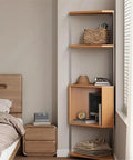 Solid Wood Corner Shelf With Multiple Tiers, triangular bookshelf in living room holding books and decor, adjustable shelves, space saver.