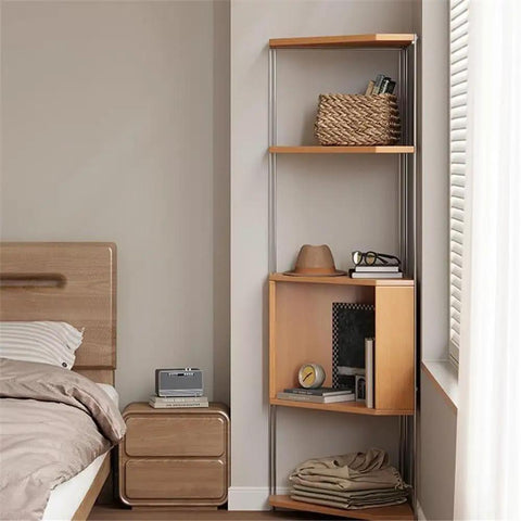 Solid Wood Corner Shelf With Multiple Tiers, triangular bookshelf in living room holding books and decor, adjustable shelves, space saver.