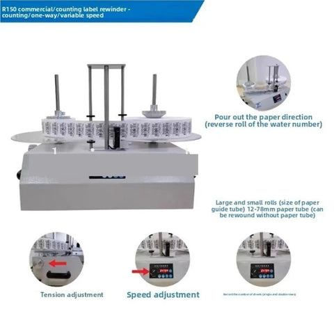 Heavy Duty Automatic Label Counting Rewinding Machine With Speed Control For Industrial Printers, supports 12-78mm cores.