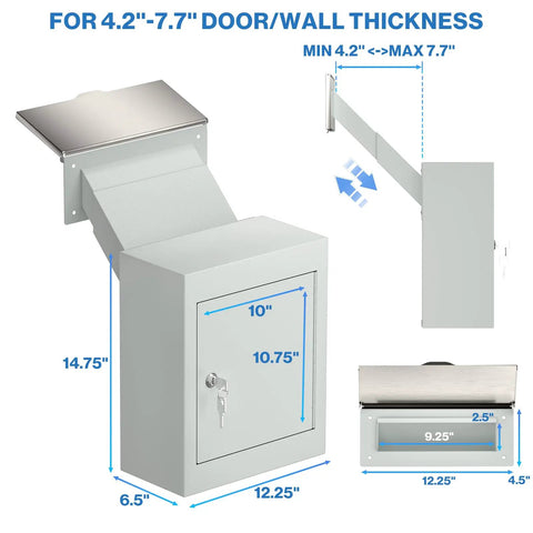 Built Tough Heavy Duty Through Wall Mailbox With Rainproof Cover Locking Drop Box And 10 Inch Adjustable Chute Weatherproof Drop Safe dimensions