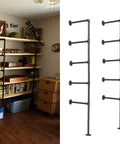 Industrial Pipe Shelf System With Five Tier 68 Inch Tall Wall Mount Shelves Black Vintage Retro Open Bookshelf For Office Home Kitchen Storage, DIY bracket set shown in room and pipe detail