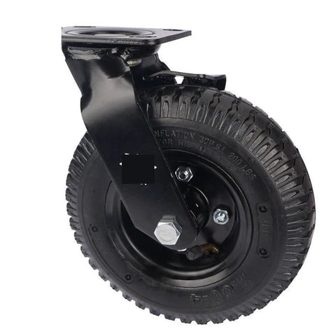 Heavy Duty Eight Inch Pneumatic Rubber Caster Built Tough With Side Brake For Hotel Luggage Cart Quick Swap Swivel Stem Mount side angle