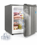 Compact Upright Freezer 1.1 Cubic Foot Stainless Steel Mini Cooler with open door revealing food items inside.