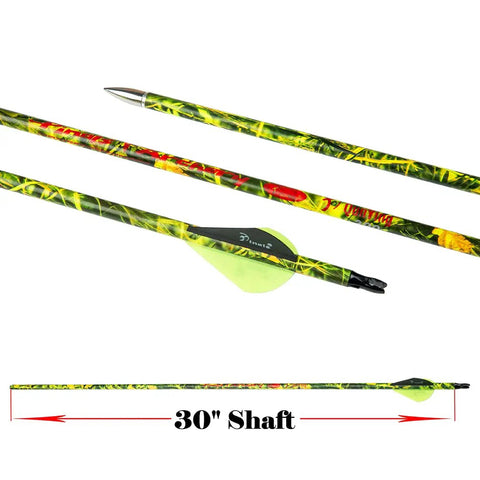 Carbon Hunting Arrows For Compound And Recurve Bow, 30 Inch Shafts With 300 340 350 400 Spine, Camouflage Finish, Close-up View