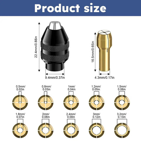 Size chart showing components of Must-Have All-In-One Drill Chuck Collet Set With Quick Change Rotary Tool Adapter, including 3-jaw chuck dimensions.