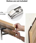 Beefy Triangle Folding Shelf Brackets Set For Wall Mounts metal button and folding mechanism with wooden shelf example