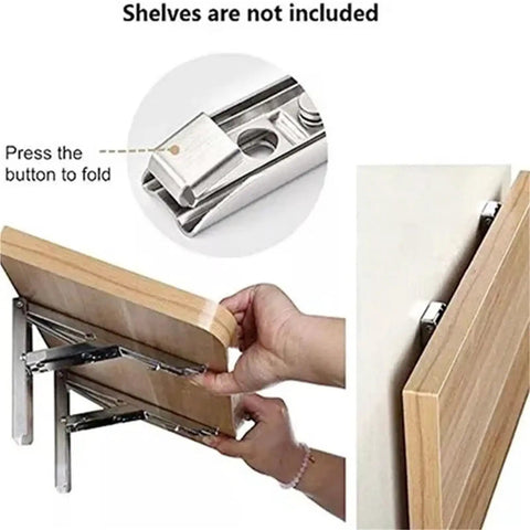 Beefy Triangle Folding Shelf Brackets Set For Wall Mounts metal button and folding mechanism with wooden shelf example