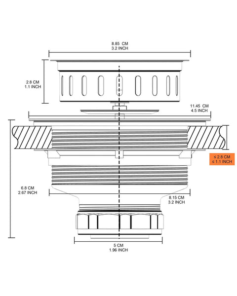Technical diagram of 304 Stainless Steel Kitchen Sink Drain Strainer Assembly Kit for 3.5 inch drains showing dimensions and design details.