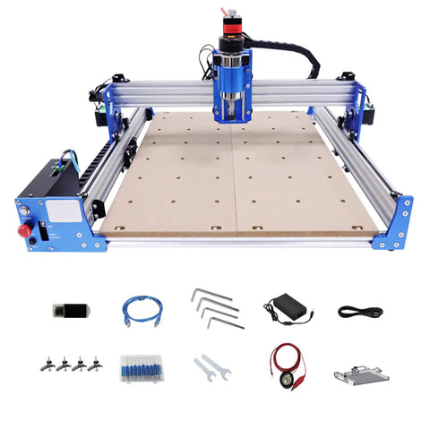 Badass 3 Axis CNC Router Station With 4040 Woodworking Engraver And 110V Desktop Mill For Acrylic MDF Carving Includes Rock Solid Controller Plus Z Probe Heavy Duty 100 Watt Motor, front view with accessories.