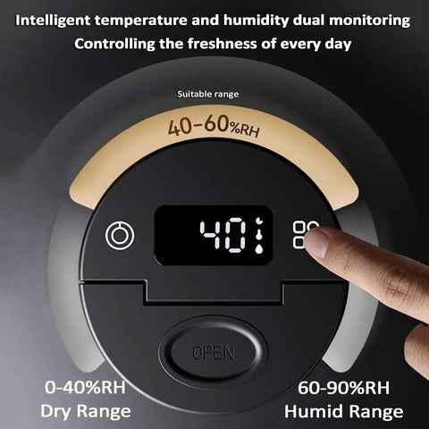Digital display showing humidity and temperature gauge on Vacuum Coffee Bean Storage Container; monitors freshness.