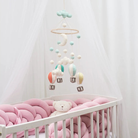 Cozy Baby Nursery Hot Air Balloon Mobile With Clouds And Felt Balls Natural Wool Handmade Crib Decor On A Wooden Hoop Gender Neutral Gift Idea For Newborns Perfect Soothing Visuals For Baby Room