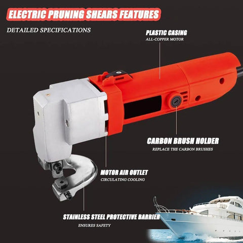 Heavy Duty Electric Tin Snips With 2000 Rpm Speed And 25 Mm Cutting Range For Steel Iron Copper Shearing detailed features showing plastic casing and stainless steel barrier.