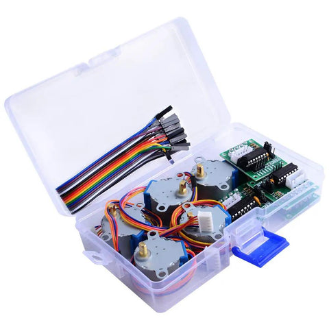 5 Pack Geared Stepper Motors 28BYJ-48 5V with ULN2003 Driver Board, Dupont Wires, and Ribbon Cables in storage box for robotics projects