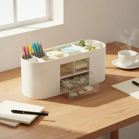 All In One Desk Organizer With Drawers For Office Supplies Storage White Keep Pens Pencils Scissors Sticky Notes Rulers And Glasses Neat